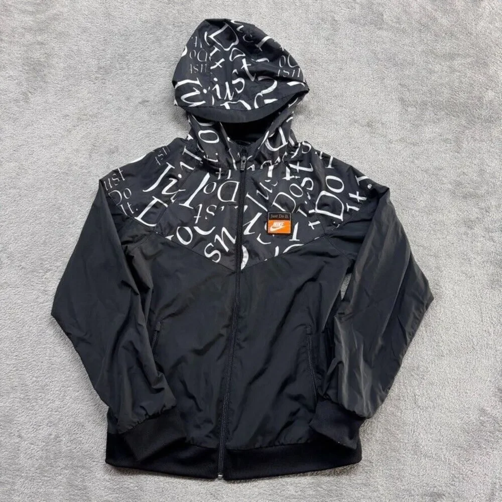 Nike Hooded Windbreaker Full‎ Zip Boys Large Black Swoosh Just Do it Patch